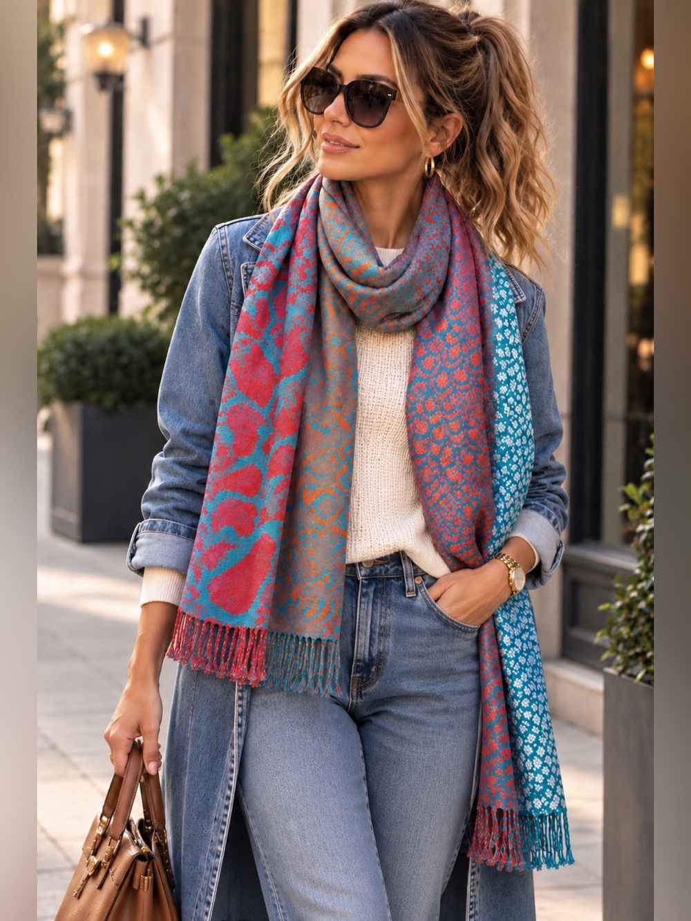 Teal & Coral Patterned Fringed Wrap Scarf